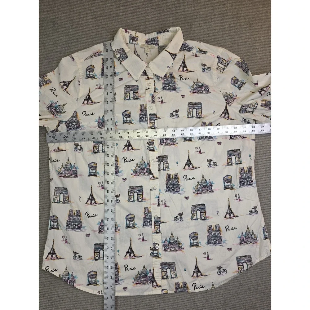 Talbots Womens White Paris Arch Eiffel Tower Notre-Dame Shirt XL Button Down